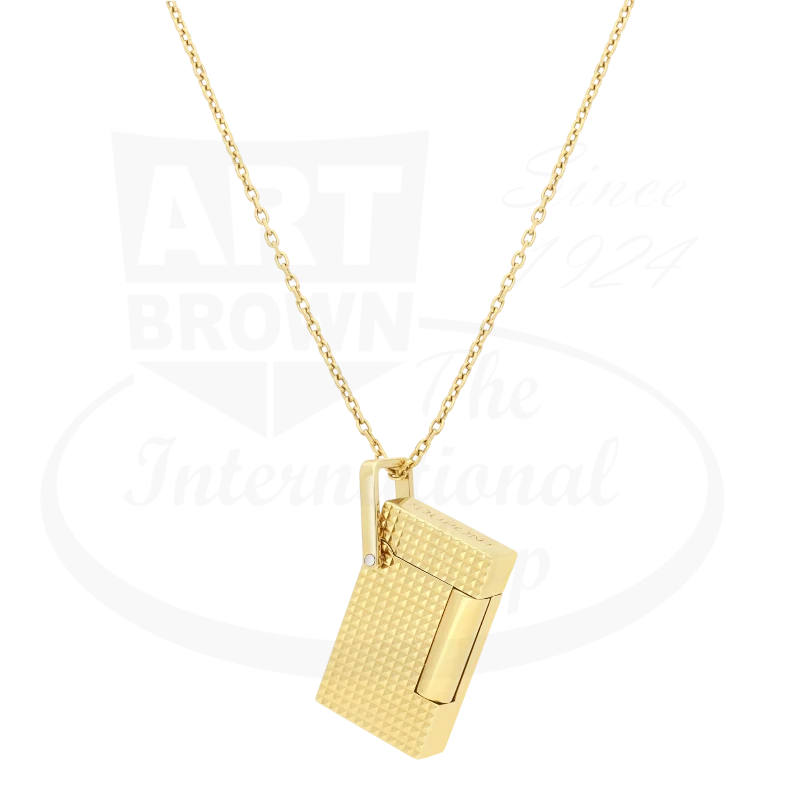 S.T. Dupont Ligne 2 K27067CH gold-plated brass lighter with diamond guilloche pattern on delicate gold chain necklace, adjustable length