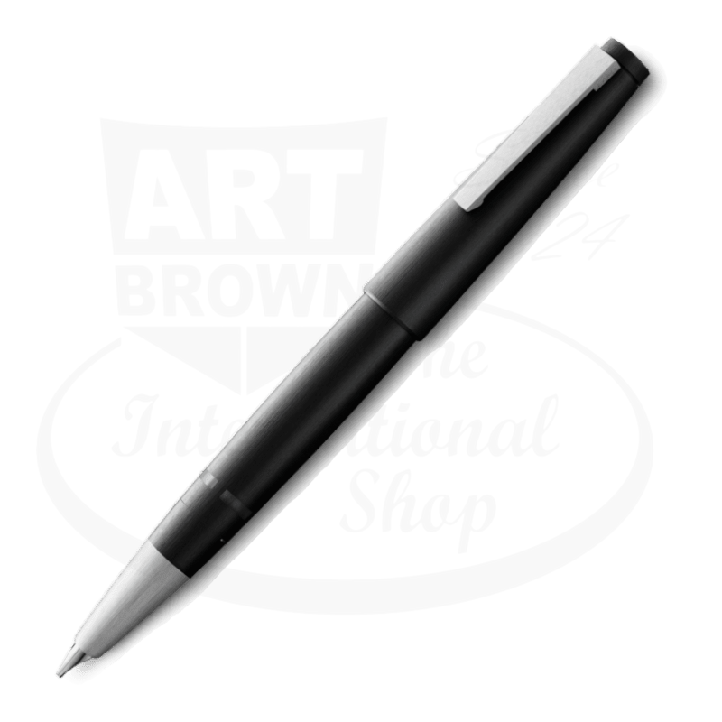 LAMY 2000 L01M black fiberglass fountain pen with stainless steel accents and platinum-coated medium 14ct gold nib displayed against white background