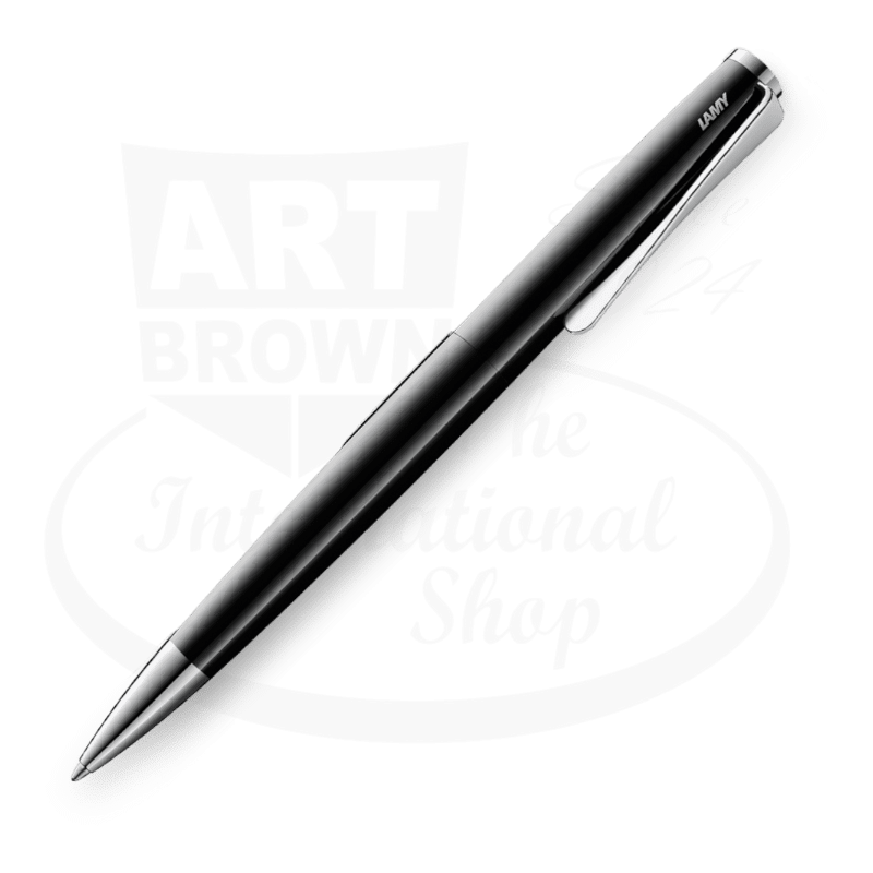 LAMY Studio L268PBK Piano Black ballpoint pen featuring sleek lacquered metal body with distinctive propeller-shaped steel clip and twist mechanism