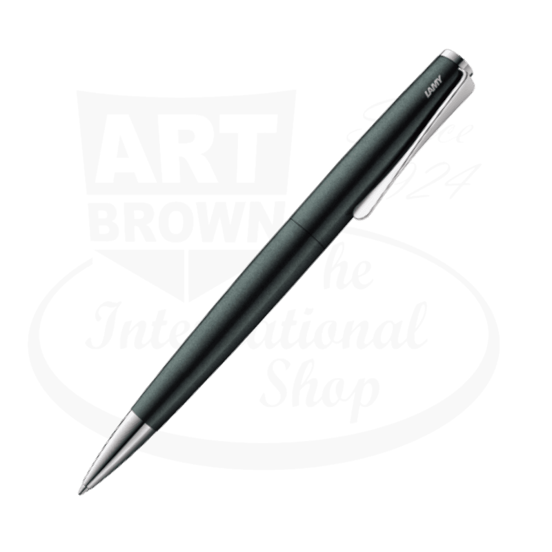 LAMY Studio L269BF ballpoint pen in Black Forest green lacquer with metal body and distinctive propeller-shaped chrome clip shown at angle displaying sleek cylindrical design