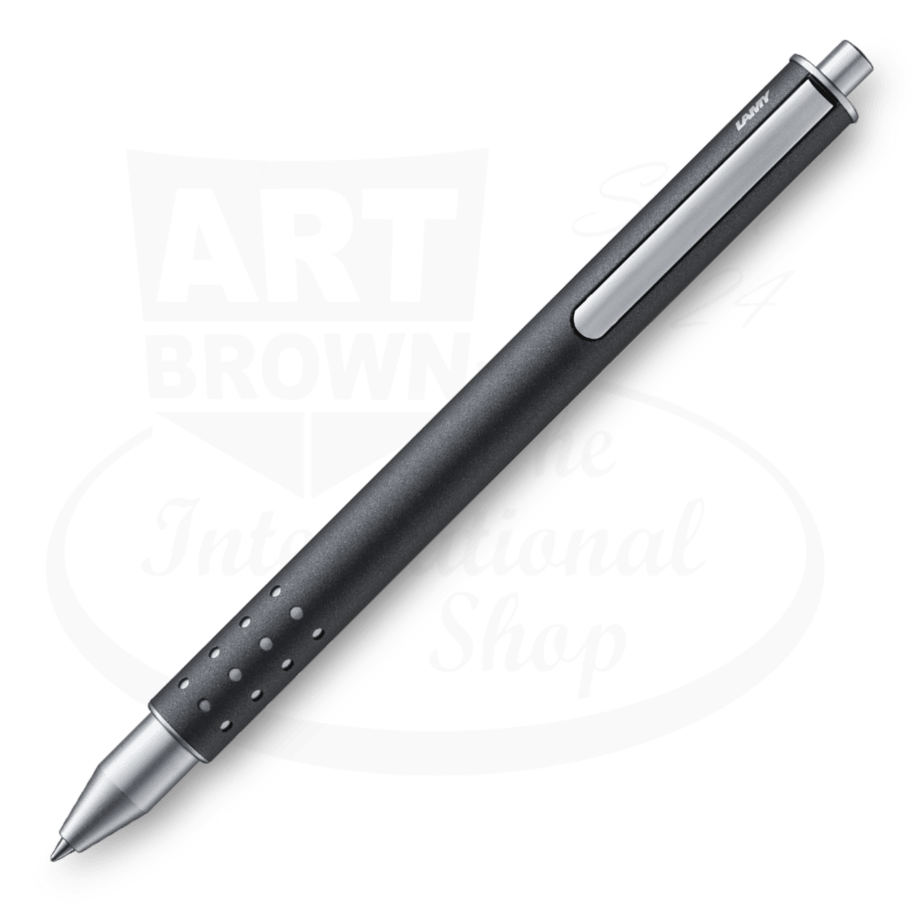 LAMY Swift L334GE aluminum rollerball pen in graphite gray with retractable clip, matte finish, and textured grip section