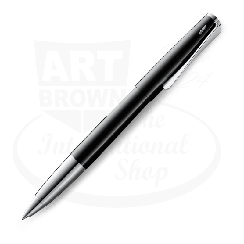 LAMY Studio L368PBK steel rollerball pen in piano black lacquer finish with distinctive propeller-shaped chrome clip, cylindrical barrel design