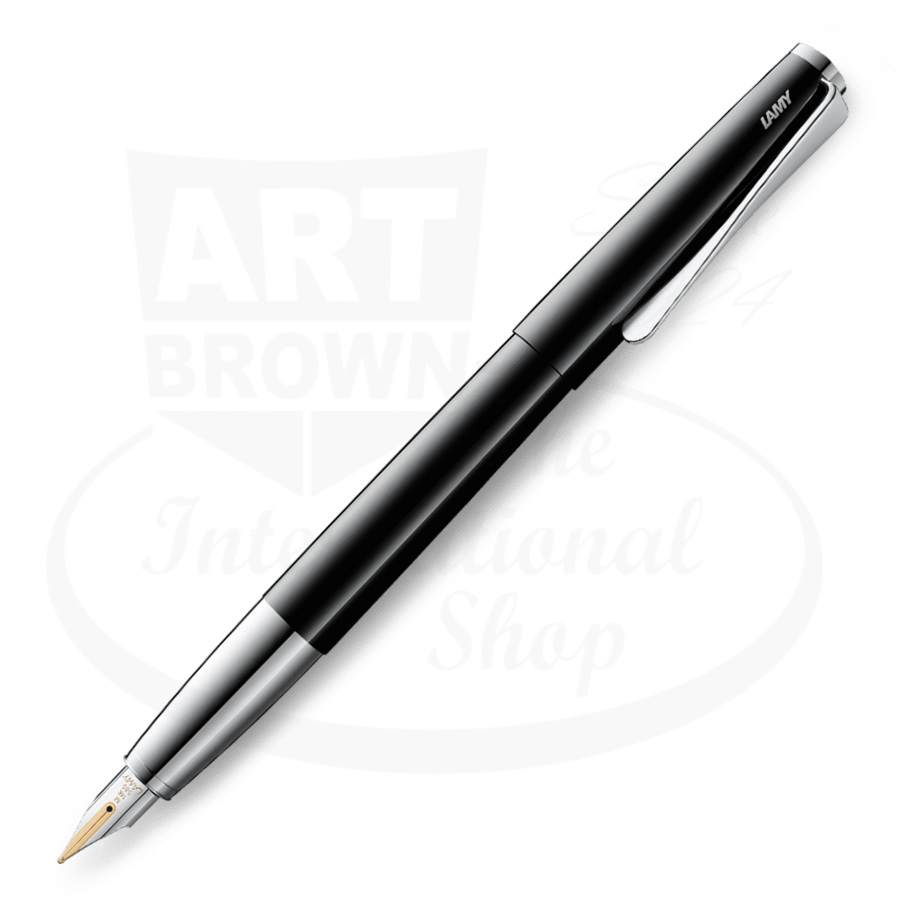 LAMY Studio L68PBKF fountain pen in piano black lacquer with steel propeller clip and gold nib, sleek cylindrical design with chrome accents