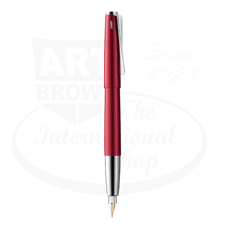 LAMY Studio L68PRDM metal fountain pen in piano red lacquer finish with silver propeller clip and gold nib, sleek cylindrical design