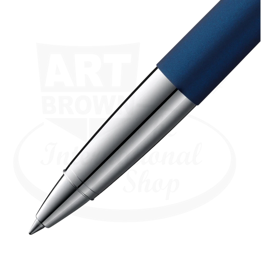 LAMY Studio Imperial Blue Rollerball Pen L367IB metal tip with glossy blue lacquer and silver accents close-up view