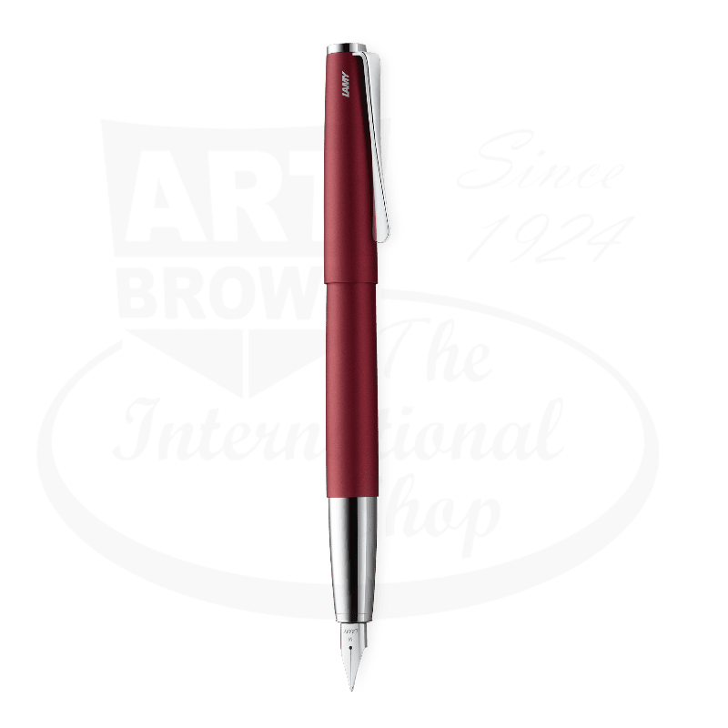 LAMY Studio L67RRMM Royal Red metal fountain pen featuring matte finish cylindrical body with chrome clip and medium nib