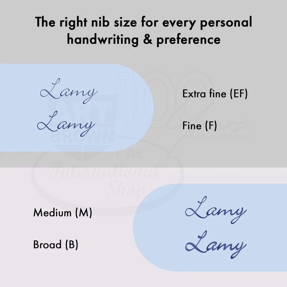 LAMY Studio LX All Black Fine Fountain Pen L66ALBKF nib size examples in blue ink showing extra fine to broad strokes