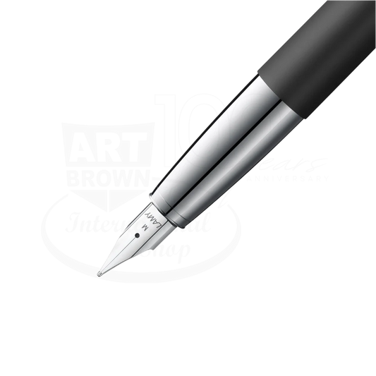 LAMY Studio Black Medium Fountain Pen L67M polished steel nib with black matte barrel close-up view