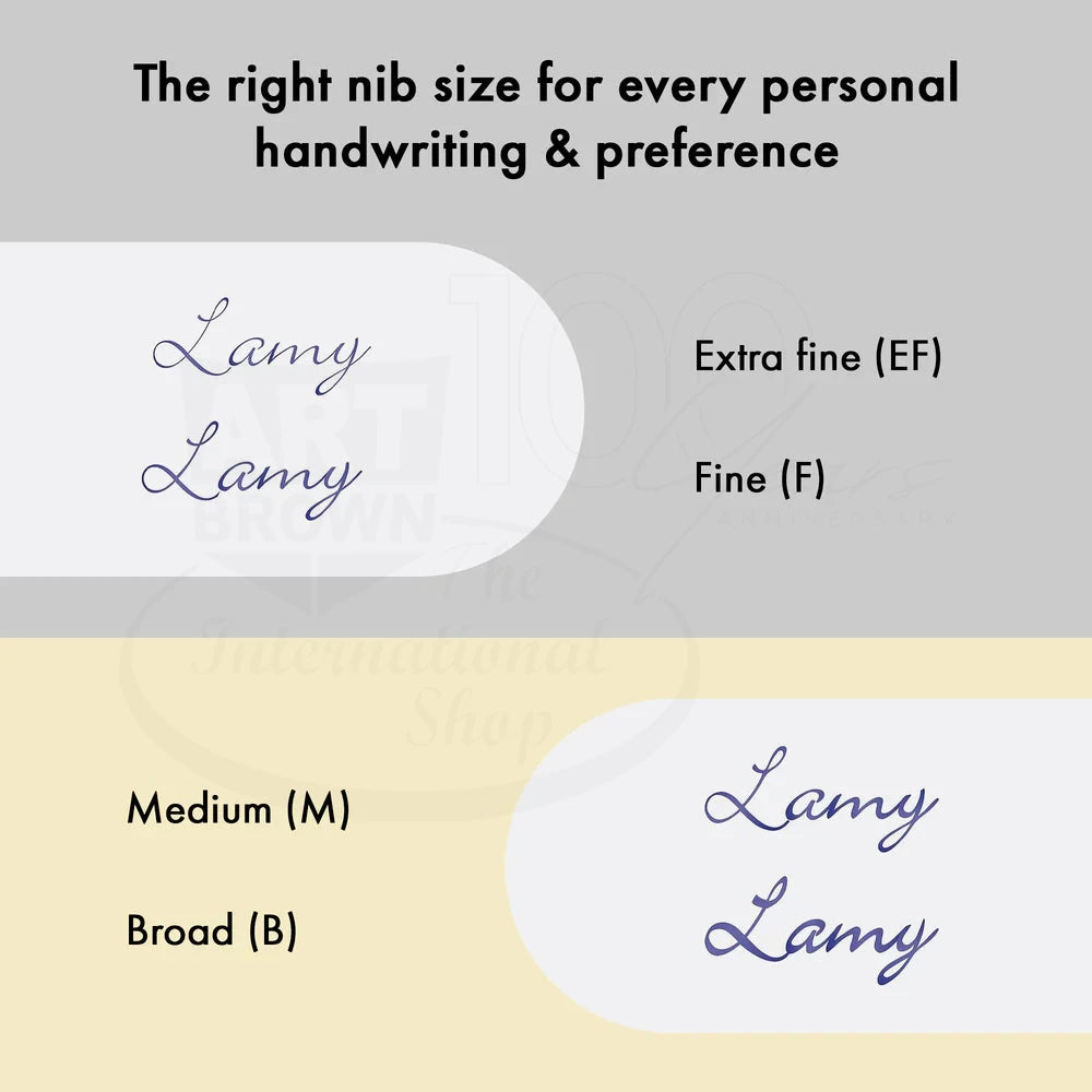 LAMY Studio Black Medium Fountain Pen L67M showing nib size options with blue ink handwriting samples on beige and gray backgrounds