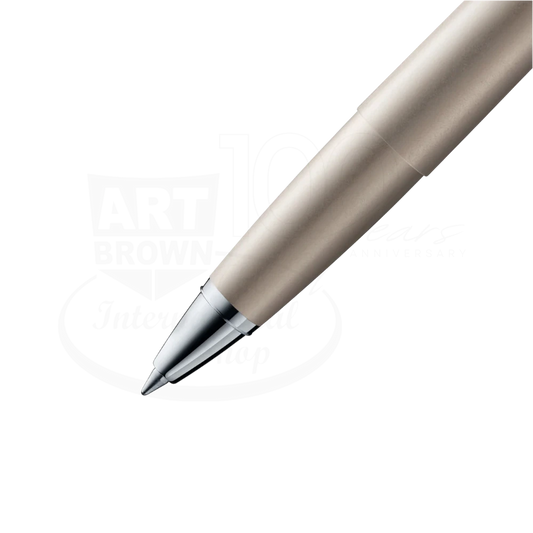 LAMY Studio Palladium Rollerball, L368 with smooth metal barrel and polished silver tip in sleek gray finish close-up