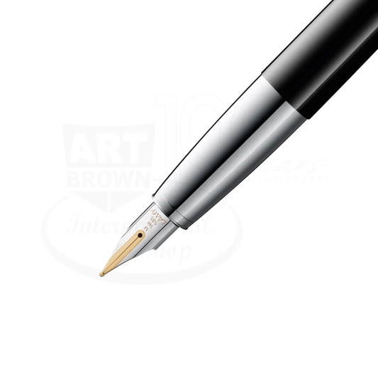 LAMY Studio Piano Black Medium Fountain Pen L68PBKM black resin with silver metal grip and gold nib close-up