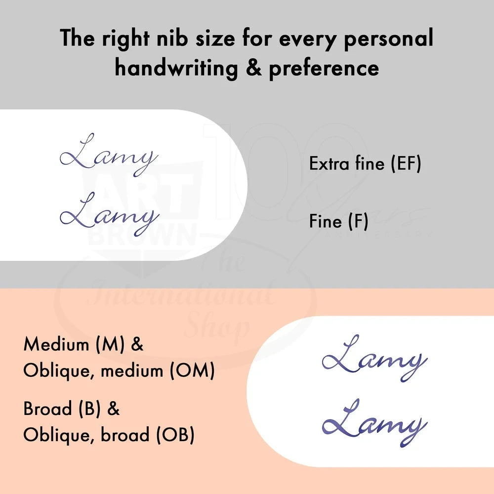 LAMY Studio Piano Black Medium Fountain Pen L68PBKM showing nib size handwriting samples in black ink on white background