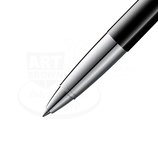 LAMY Studio Piano Black Rollerball Pen L368PBK with glossy black barrel and polished silver metal tip close-up view