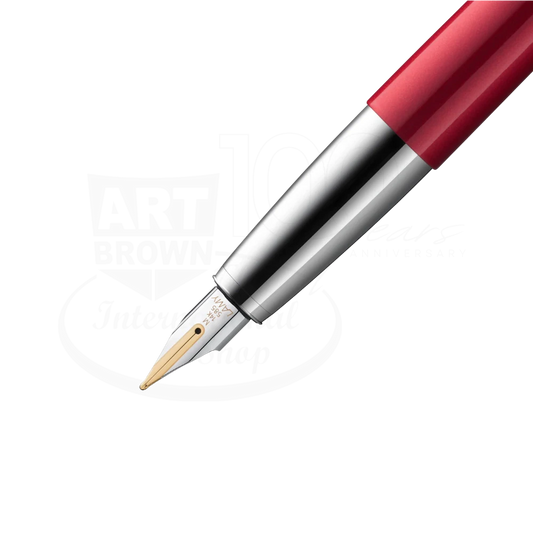 LAMY Studio Piano Red Medium Fountain Pen, L68PRDM, metal body with red lacquer and silver grip section close-up nib view