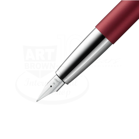 LAMY Studio Royal Red Medium Fountain Pen, L67RRMM with metal silver nib and matte red cylindrical body close-up view
