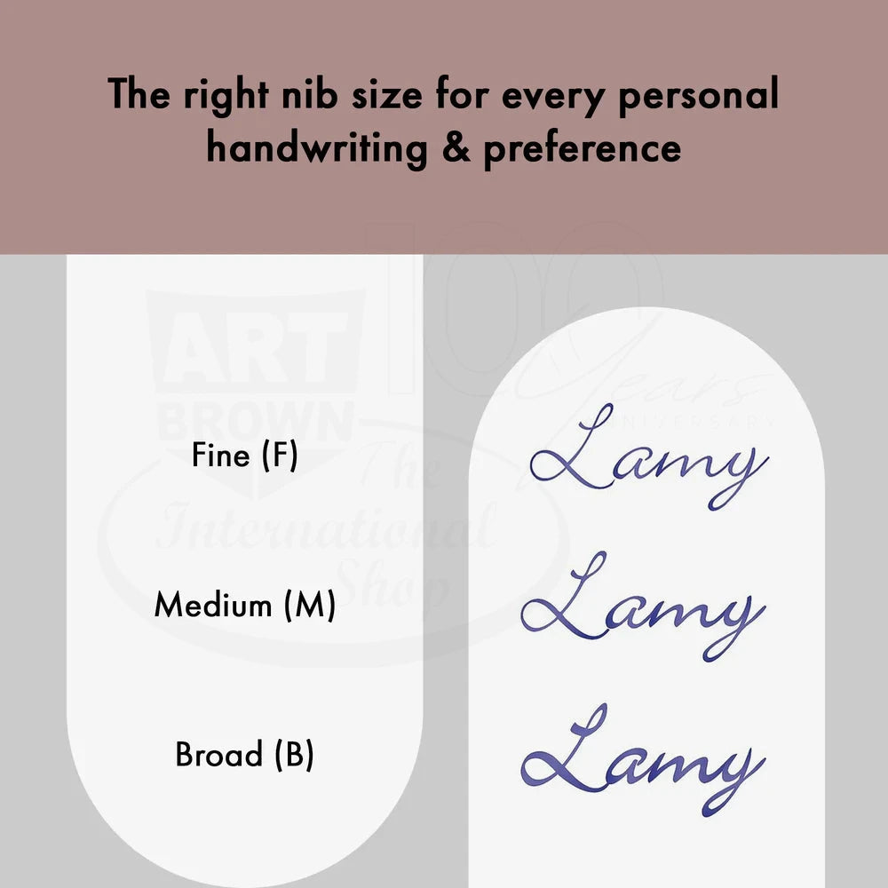 LAMY Studio Royal Red Medium Fountain Pen, L67RRMM, metal body showing fine, medium, broad nib handwriting styles