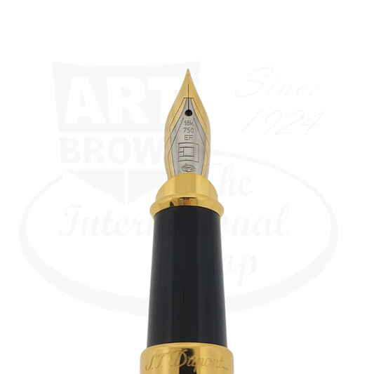 S.T. Dupont Olympio Large fountain pen nib unit, 18K gold and steel two-tone extra fine tip, black lacquered grip section with gold trim accents