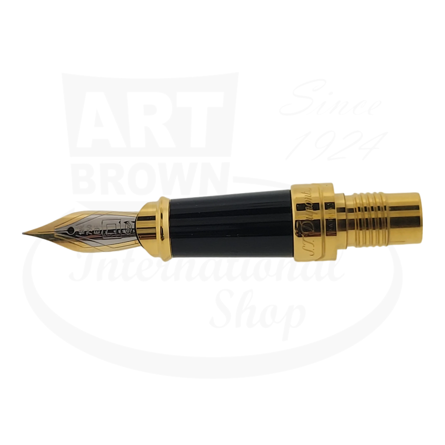 S.T. Dupont Olympio large fountain pen nib unit in black lacquer and gold trim, featuring 18K duotone extra fine nib with decorative engravings