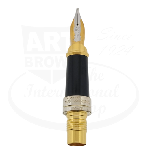 S.T. Dupont Olympio Large replacement nib unit, 18K gold broad nib with black lacquer grip and palladium trim, fountain pen section assembly