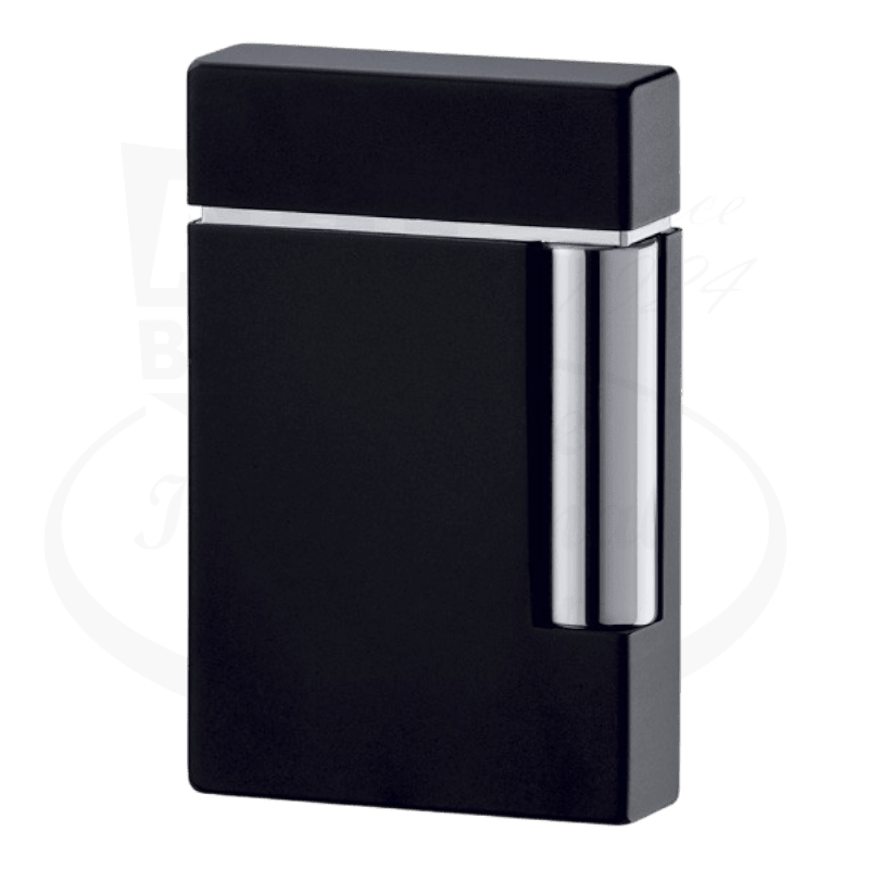 S.T. Dupont Ligne 8 025100 metal lighter in matte black finish with chrome accents, featuring sleek rectangular design and side-mounted ignition