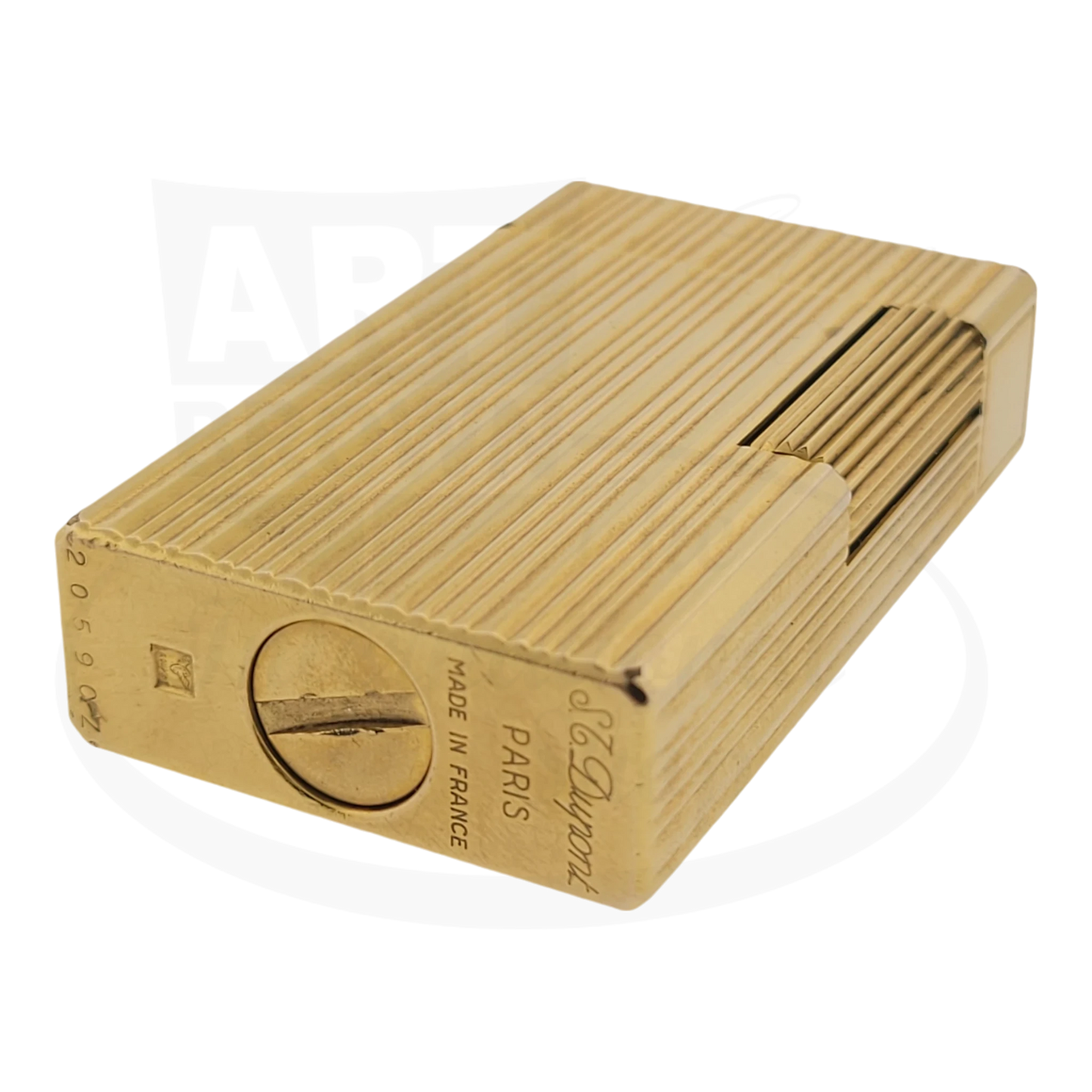 S.T. Dupont Ligne 1 BS lighter in gold seen from the bottom right.