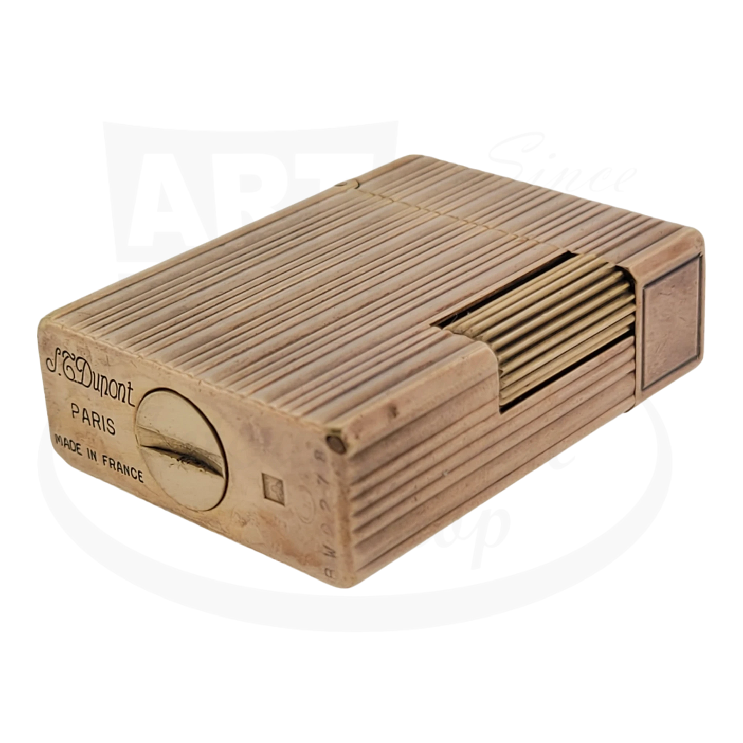 S.T. Dupont Ligne 1 BS Gold lighter, vertical lines, bottom view discolored.