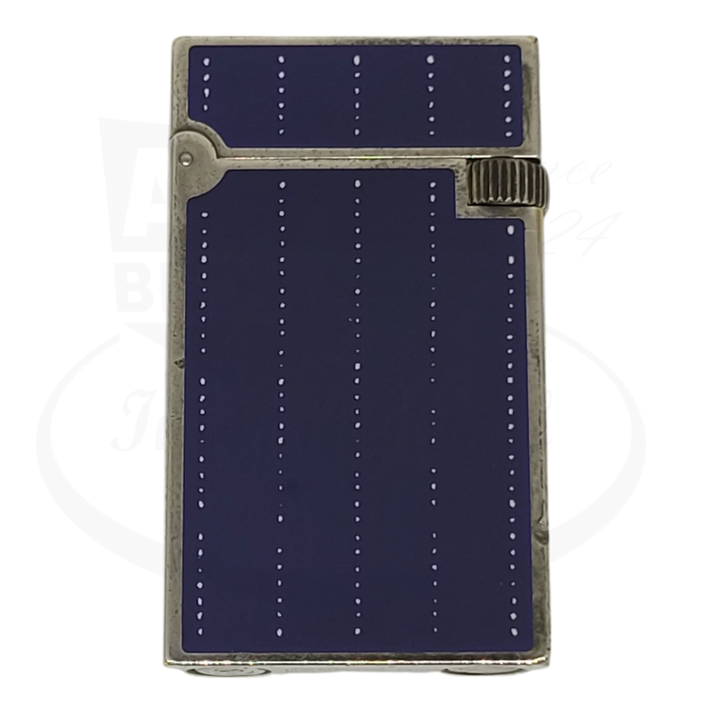 Preowned Vintage S.T. Dupont Line D Fantasies Denim Lacquer & Palladium lighter with blue panels and visible wear