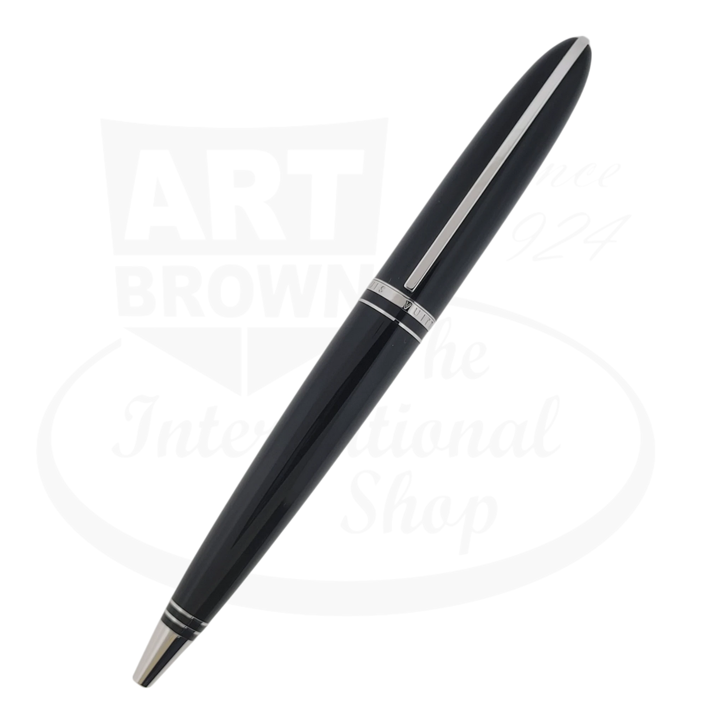 Louis Vuitton Doc Lacquer Ballpoint Pen in black lacquer finish with silver-tone metal accents and grid-pattern cap, featuring streamlined barrel design