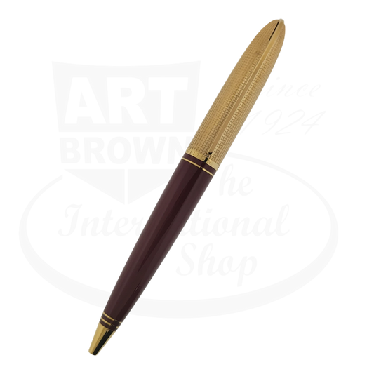 Louis Vuitton Doc Lacquer Ballpoint Pen in burgundy lacquer barrel with gold-tone textured cap and trim, featuring grid pattern detailing