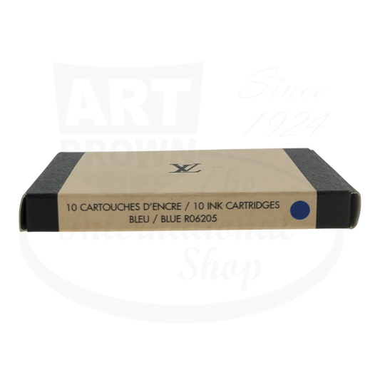Louis Vuitton R06205 blue fountain pen ink cartridges, tan cardboard box with black edges, pack of 10 universal refills, LV monogram logo