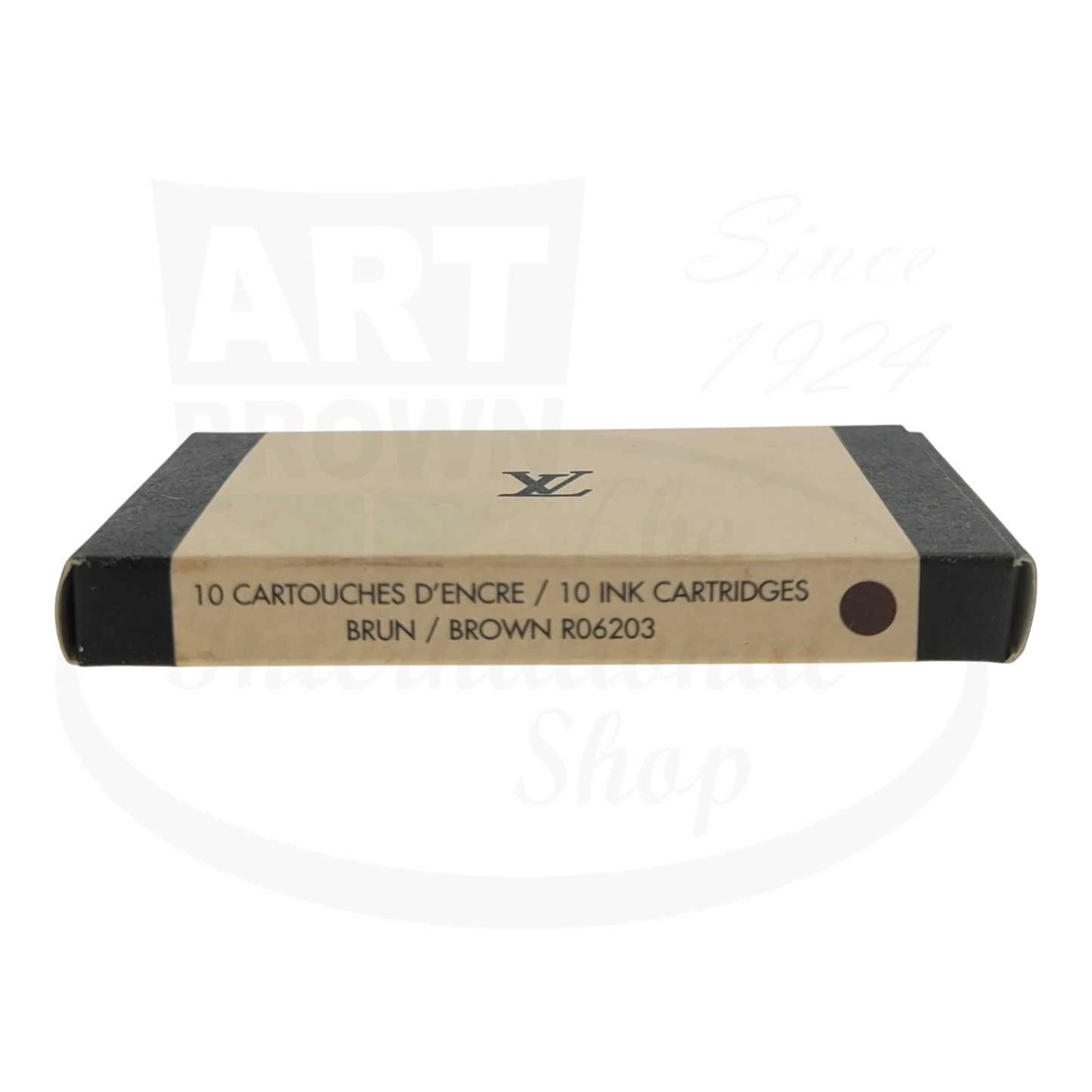 Louis Vuitton R06203 brown fountain pen ink cartridges, pack of 10 in tan and black cardboard retail box with LV logo