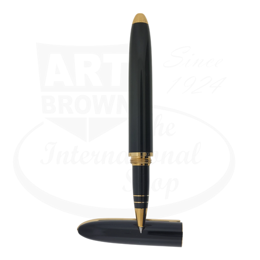 Louis Vuitton Doc Lacquer Rollerball Pen - matte black lacquer barrel with gold-tone accents, grid-patterned cap, standing with cap base