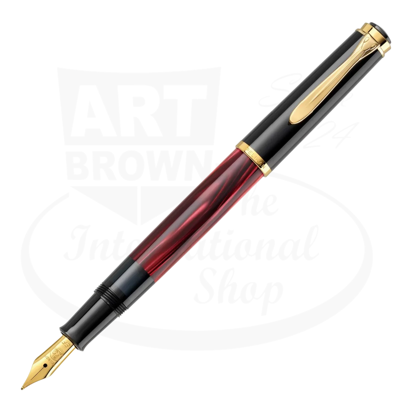Pelikan Classic M200 827379 red marbled resin barrel black cap gold trim fountain pen medium nib