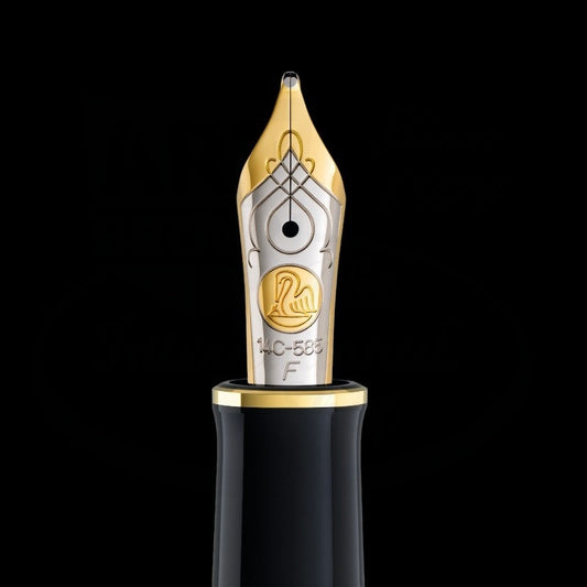 Pelikan Souverän 600 fountain pen nib, bi-color gold and rhodium plated, black resin barrel tip with signature double rings visible