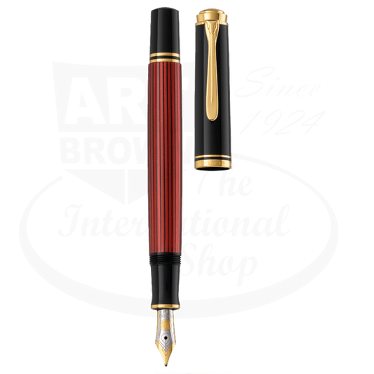 Pelikan Souverän 600 fountain pen in black-red cellulose acetate, featuring gold-plated trim and 18k bi-color nib with striped barrel design