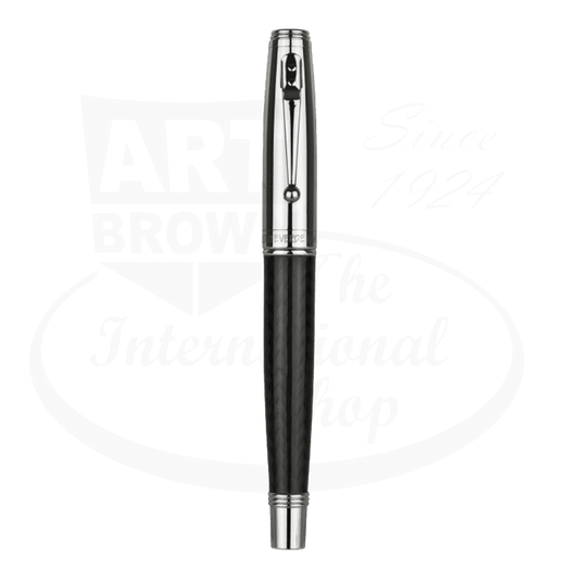 Monteverde Invincia rollerball pen with carbon fiber barrel and chrome finishes shown with cap on