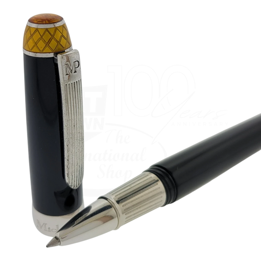 Michel Perchin Executive rollerball pen with sterling silver guilloche trim black lacquer body and amber cap detail