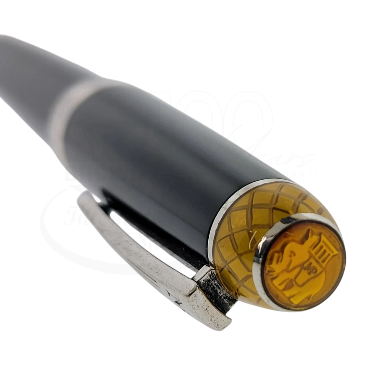 Michel Perchin Executive rollerball pen black lacquer sterling silver clip yellow guilloche end cap close up