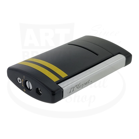 S.T. Dupont Minijet 010046 metal lighter in black with yellow racing stripes and silver base, featuring sleek ergonomic design and torch flame system
