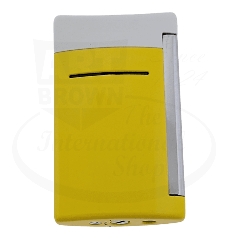 S.T. Dupont Minijet 010515 metal torch lighter in yellow and white, featuring sleek rectangular design with horizontal ignition slit