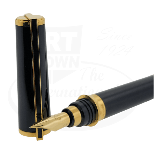 ST Dupont Montparnasse black lacquer fountain pen with gold-plated trim and nib, featuring cylindrical barrel and cap with vertical gold accent line