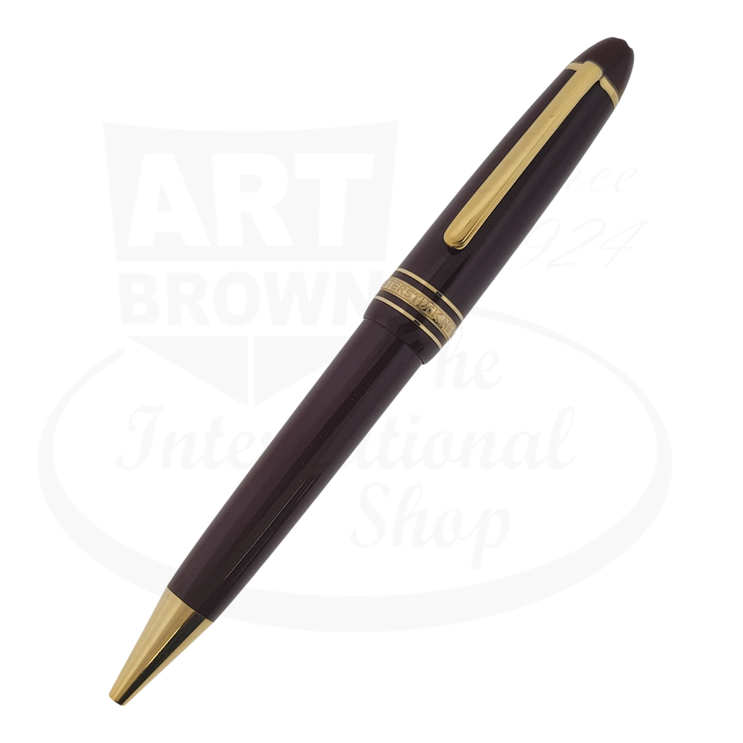 Montblanc Meisterstuck 161 Le Grand ballpoint pen in burgundy resin with gold-plated trim, featuring twist-action mechanism