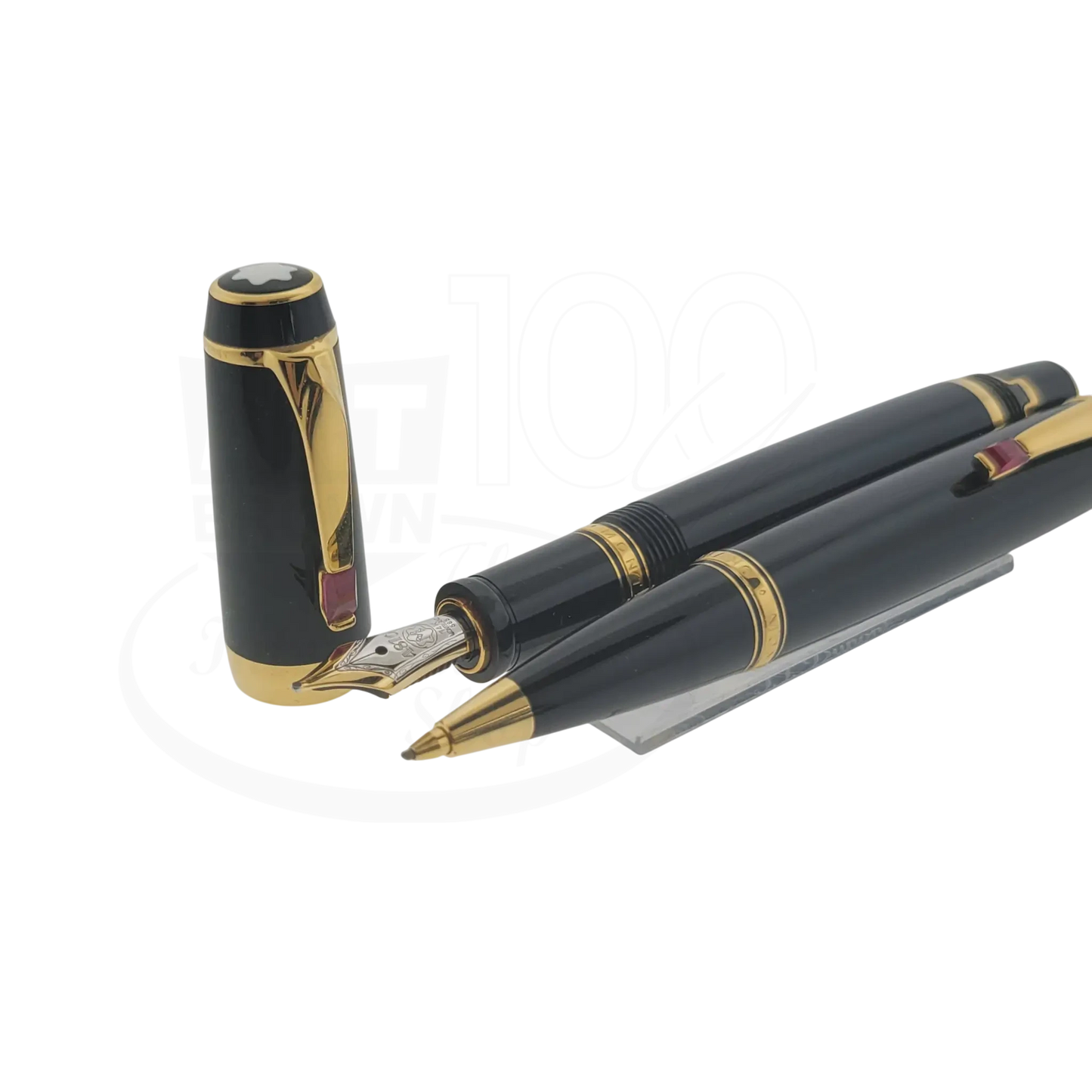 Montblanc Boheme Ruby fountain pen and mechanical pencil set in black resin with 14K gold trim and ruby clip accents