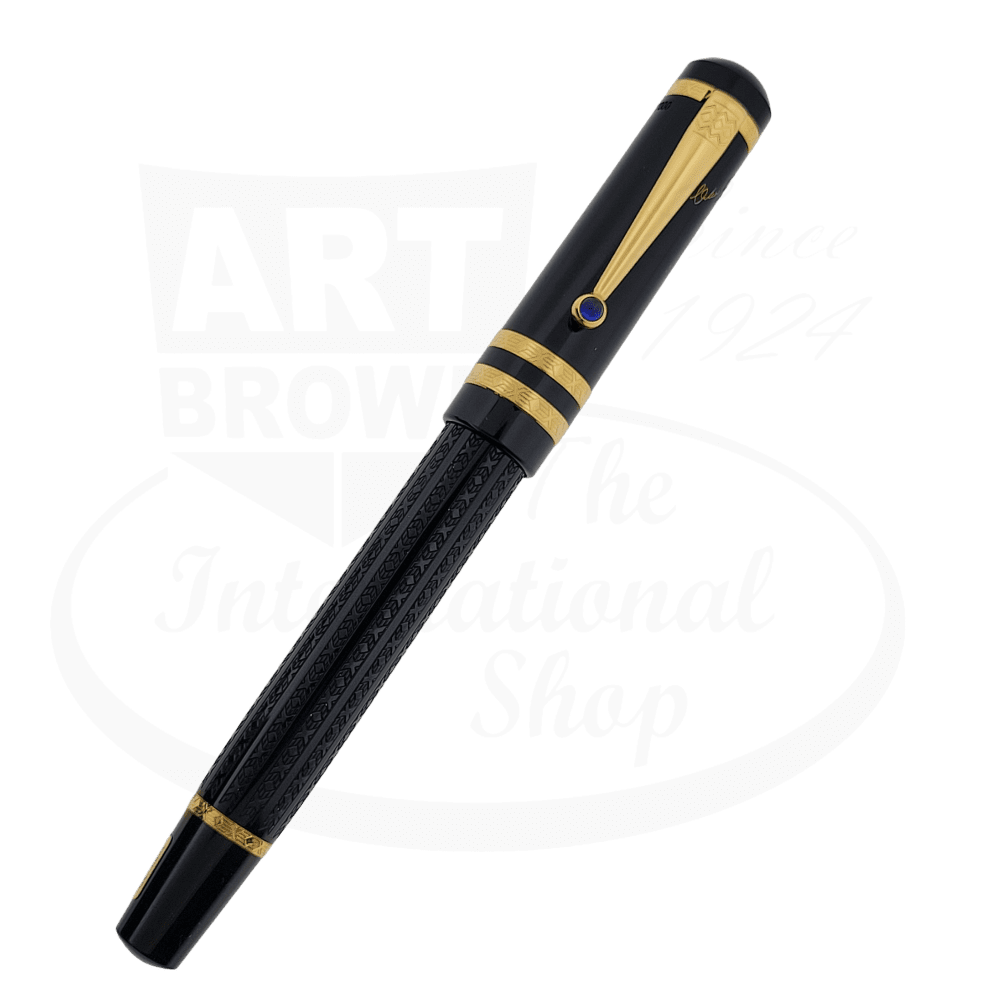 Montblanc Meisterstuck Dostoevsky fountain pen in black resin with gold-plated trim, sapphire clip detail, ornate barrel pattern, medium 18k gold nib