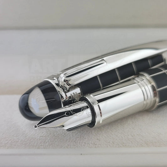 Montblanc Starwalker Black Grid fountain pen with 14K gold nib, black resin barrel, and polished silver clip close-up