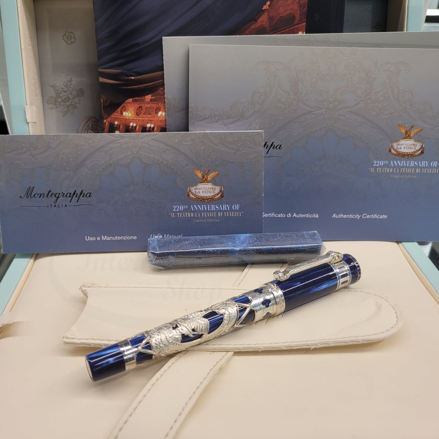 Montegrappa Gran Teatro La Fenice rollerball pen ISTFNRSB with blue lacquer and silver filigree detailing