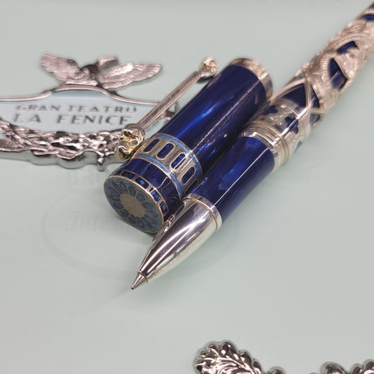Montegrappa Gran Teatro La Fenice rollerball pen ISTFNRSB with blue resin barrel and intricate silver accents