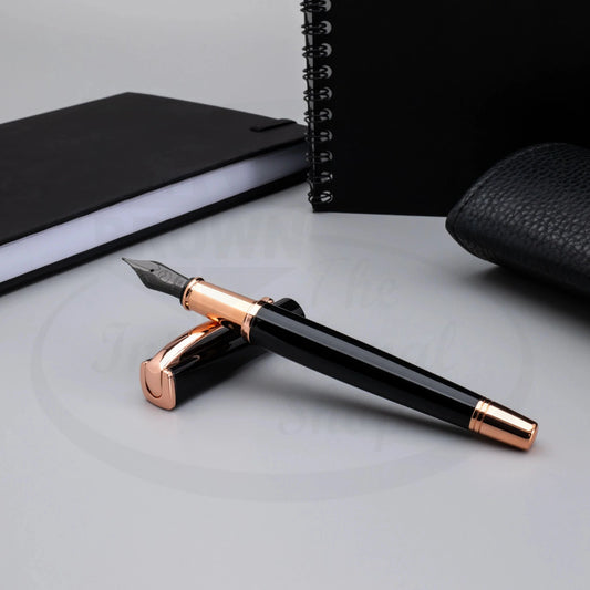 Monteverde Impressa Black with Rose Gold Finish Fountain Pen MV29863 black lacquer body with rose gold trim and stainless steel nib