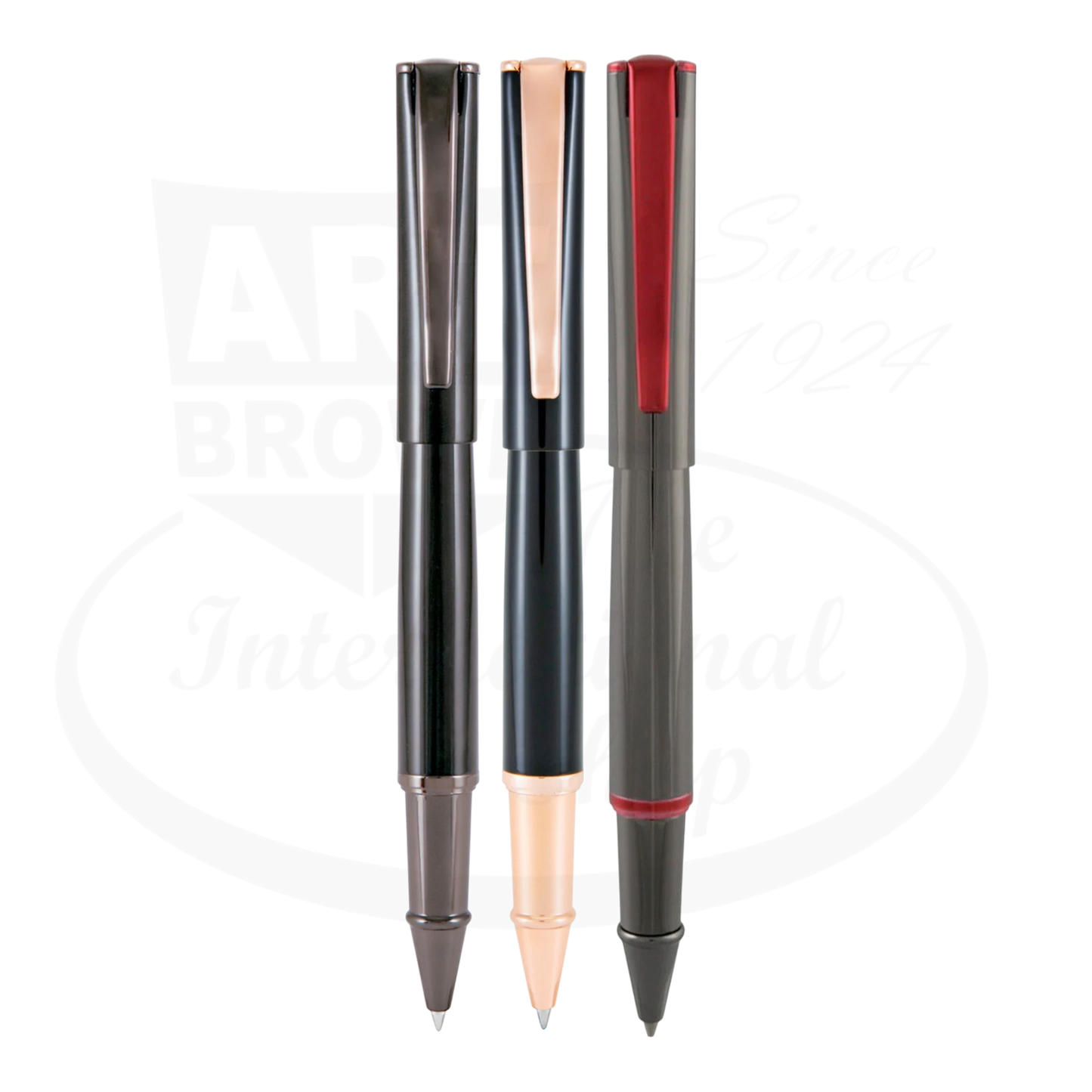 Monteverde Impressa rollerball pens, in black and gunmetal, gunmetal and red, black and rose gold.