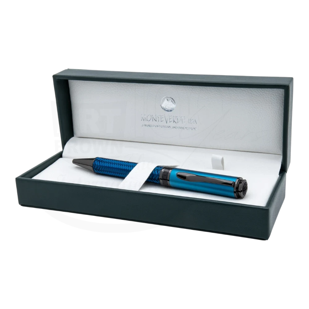 Monteverde Innova blue ballpoint pen MV45367 with metal body and textured grip, presented in black case